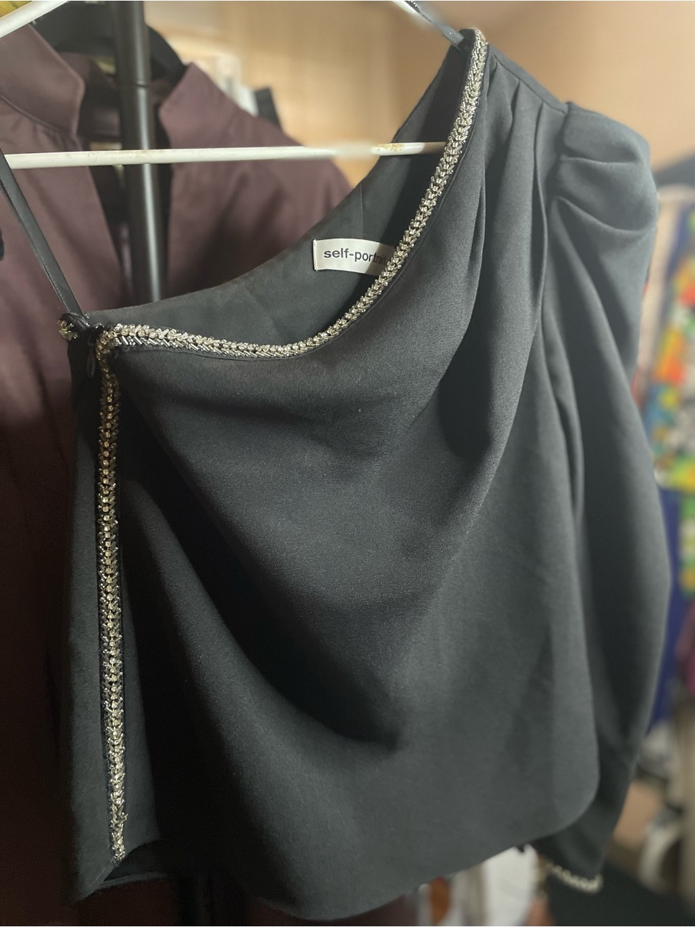 Self-Portrait Black One-Shoulder Draped Asymmetric Top with Embellished Trim
